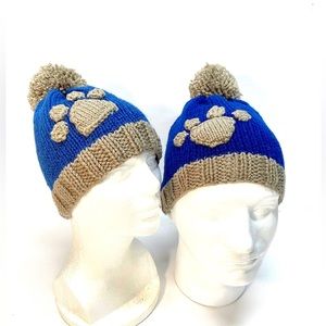 Hand Knit Couples Blue and Gray Beanie Hat Set with Paw Print and Pom Pom